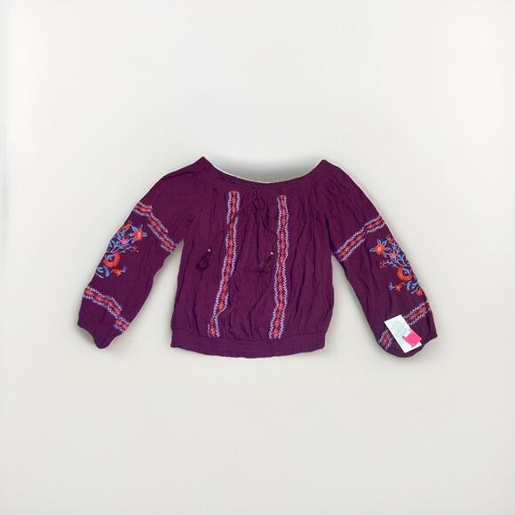New Maroon Boho Peasant Blouse Embroidered Floral Off Shoulder Top Large Fairy - Picture 2 of 4